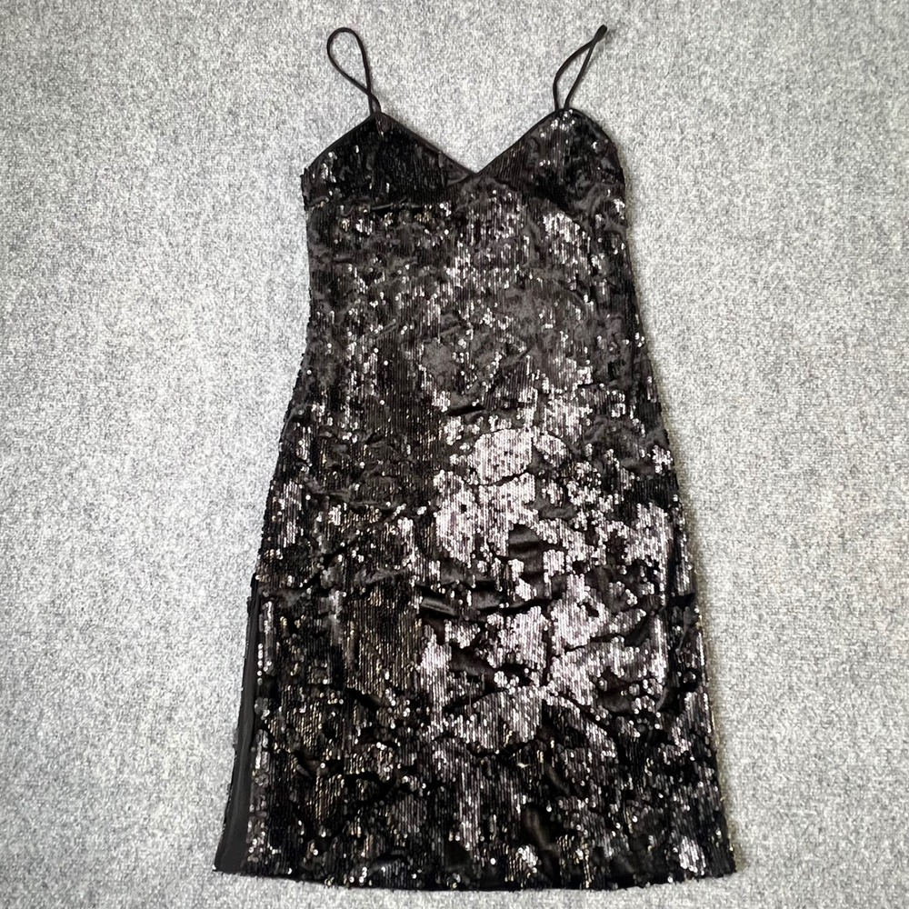 LPA Revolve Black‎ Sequin Spaghetti Strap V-Neck Mini Dress Medium LBD Night Out